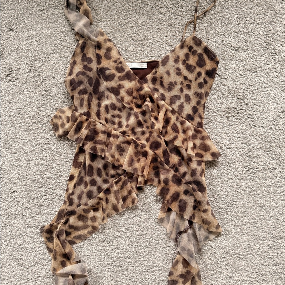 Zara Leopard Print Ruffle Cami - Brown PRINTED TULLE RUFFLE TOP